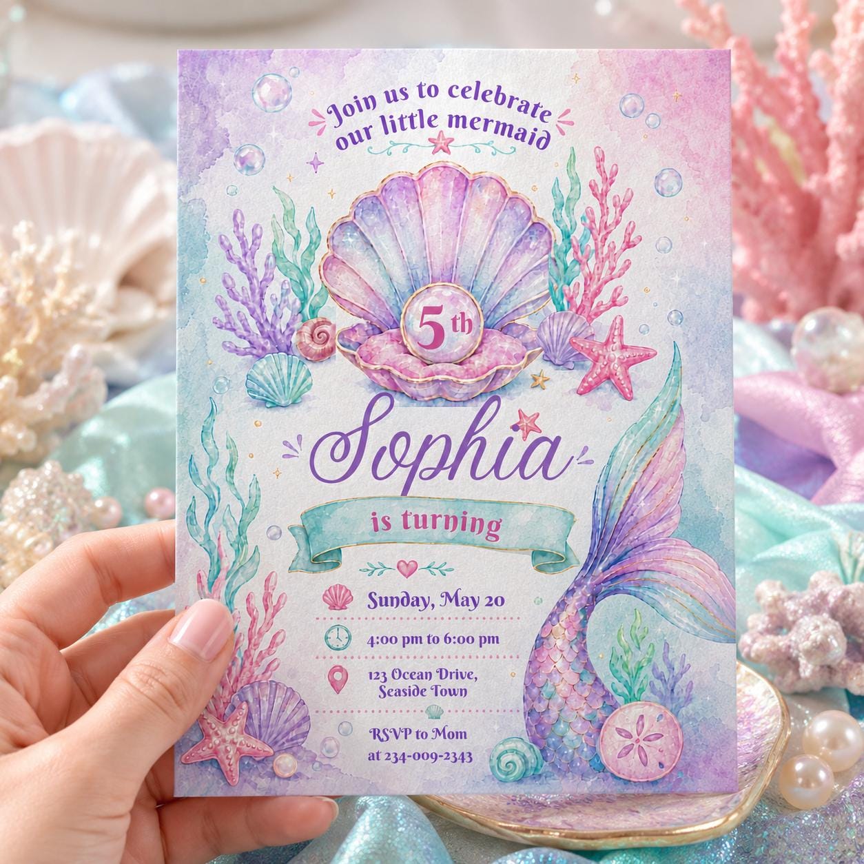 Editable Mermaid Birthday Invitation Canva Template, Pink Purple Girls Kids Cute Fun DIY Chic Teen Party Invite, Printable Digital Download.
