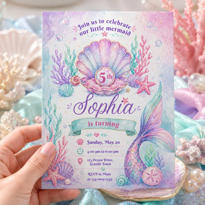 Editable Mermaid Birthday Invitation Canva Template, Pink Purple Girls Kids Cute Fun DIY Chic Teen Party Invite, Printable Digital Download.