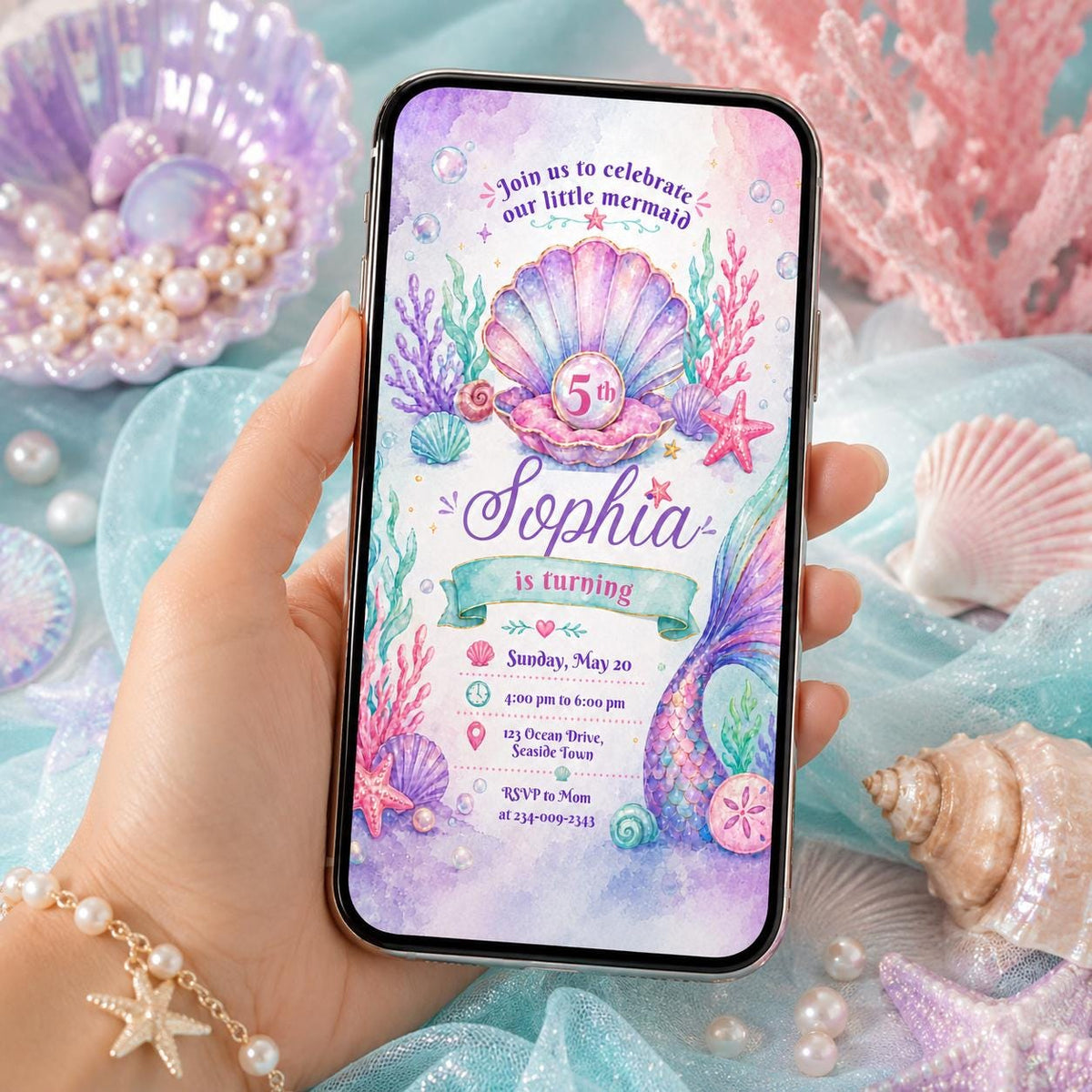 Editable Mermaid Birthday Invitation Canva Template, Pink Purple Girls Kids Cute Fun DIY Chic Teen Party Invite, Printable Digital Download.