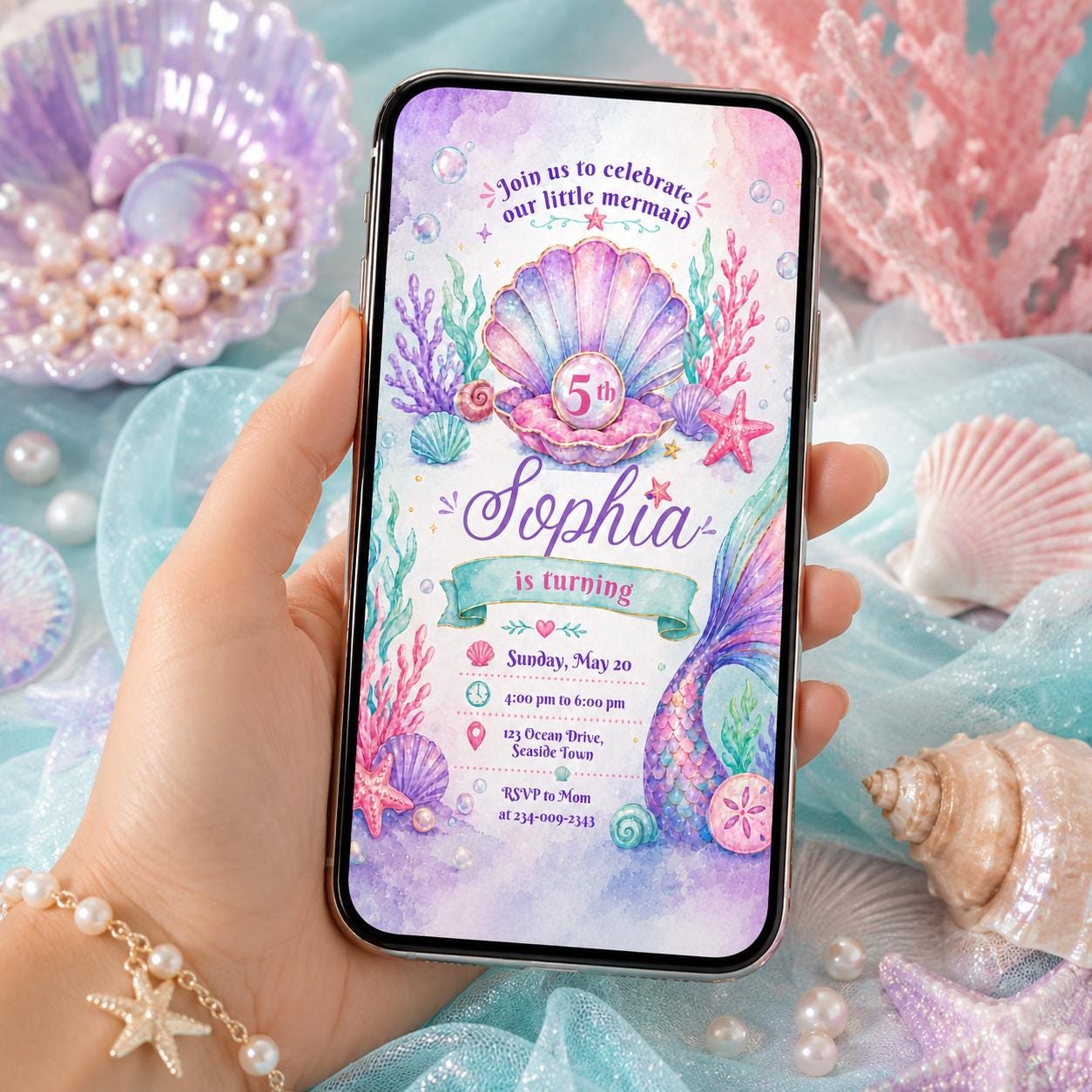 Editable Mermaid Birthday Invitation Canva Template, Pink Purple Girls Kids Cute Fun DIY Chic Teen Party Invite, Printable Digital Download.