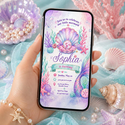 Editable Mermaid Birthday Invitation Canva Template, Pink Purple Girls Kids Cute Fun DIY Chic Teen Party Invite, Printable Digital Download.