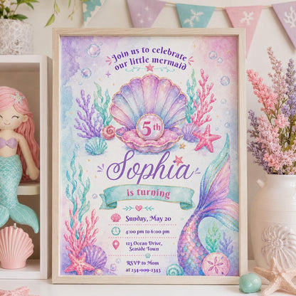 Editable Mermaid Birthday Invitation Canva Template, Pink Purple Girls Kids Cute Fun DIY Chic Teen Party Invite, Printable Digital Download.