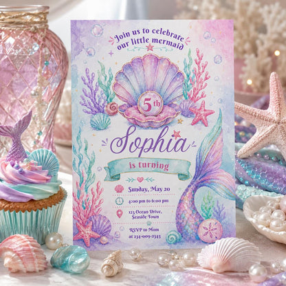 Editable Mermaid Birthday Invitation Canva Template, Pink Purple Girls Kids Cute Fun DIY Chic Teen Party Invite, Printable Digital Download.