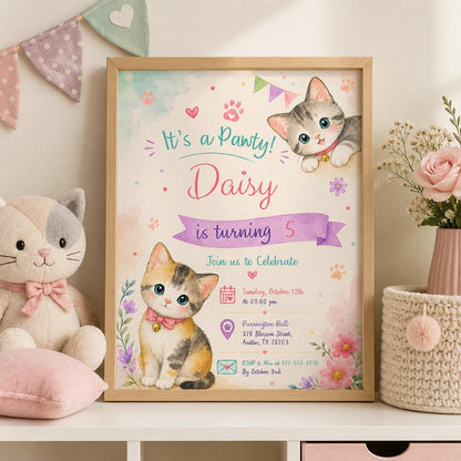 Editable Cute Kitty Birthday Invitation Canva Template, Kitty Cute Modern Fun Themed DIY Chic Kids Party Invite, Printable Digital Download.