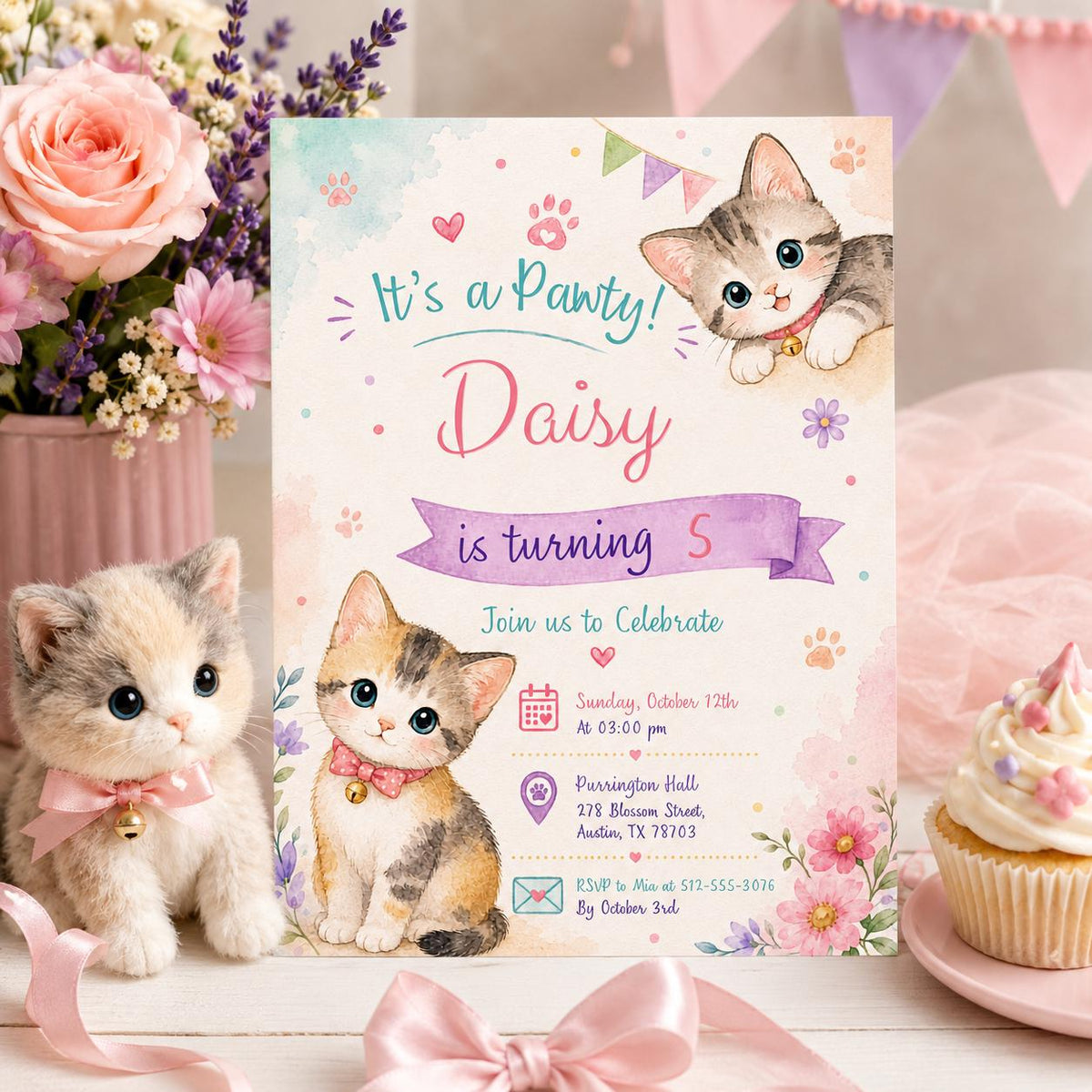 Editable Cute Kitty Birthday Invitation Canva Template, Kitty Cute Modern Fun Themed DIY Chic Kids Party Invite, Printable Digital Download.