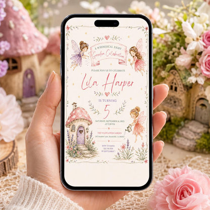 Editable Fairy Garden Birthday Invitation Canva Template, Boho Floral Girls Kids Cute Fun DIY Chic Party Invite, Printable Digital Download.