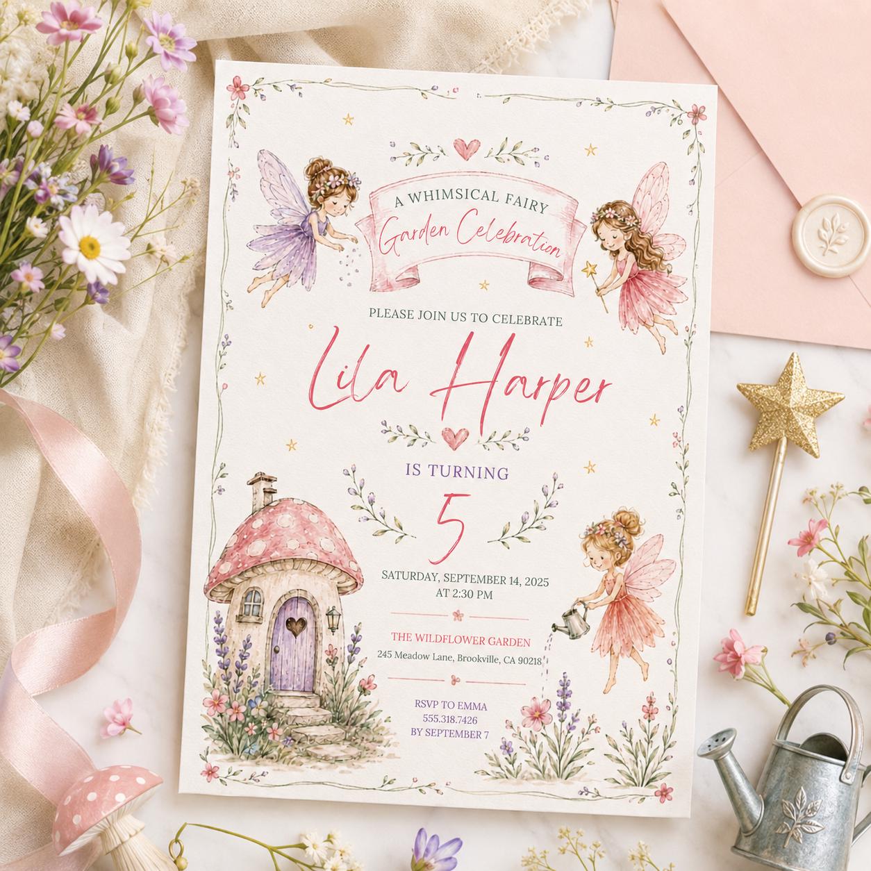 Editable Fairy Garden Birthday Invitation Canva Template, Boho Floral Girls Kids Cute Fun DIY Chic Party Invite, Printable Digital Download.