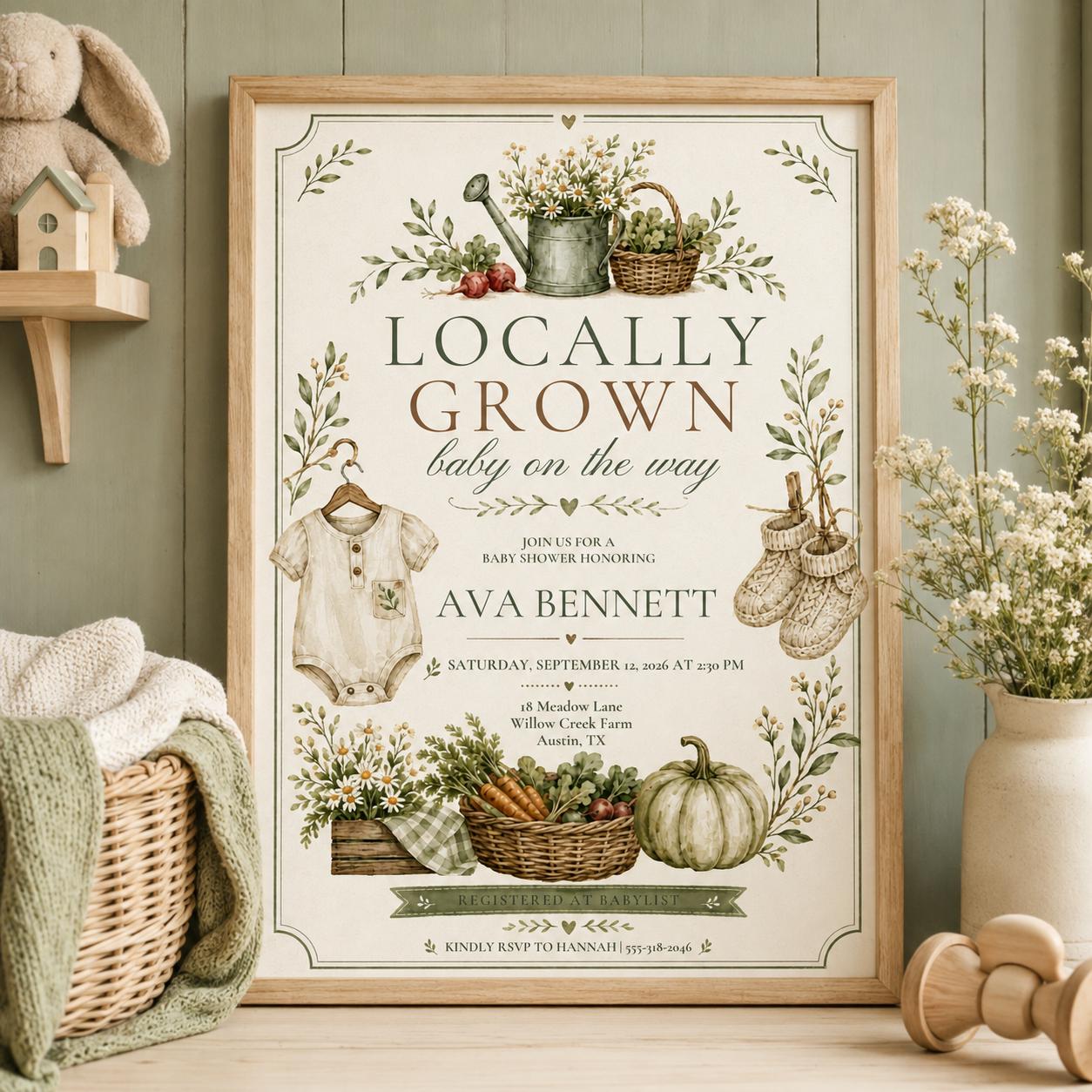 Editable Farmers Market Baby Shower Invitation Canva Template, Kids Market Cute Fun DIY Sweet Chic Party Invite, Printable Digital Download.