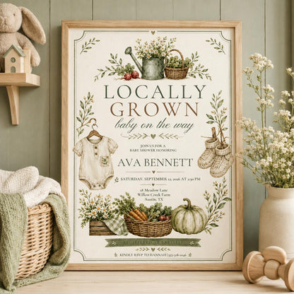 Editable Farmers Market Baby Shower Invitation Canva Template, Kids Market Cute Fun DIY Sweet Chic Party Invite, Printable Digital Download.