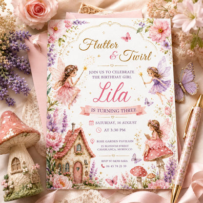 Editable Fairy Garden Birthday Invitation Canva Template, Girls Fairy Cute Fun DIY Sweet Chic Kids Party Invite, Printable Digital Download.