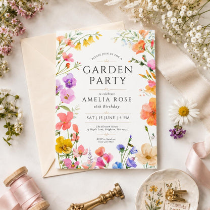 Editable Garden Birthday Invitation Canva Template, Floral Kids Teens Adult Cute Fun DIY Chic Teen Party Invite, Printable Digital Download.