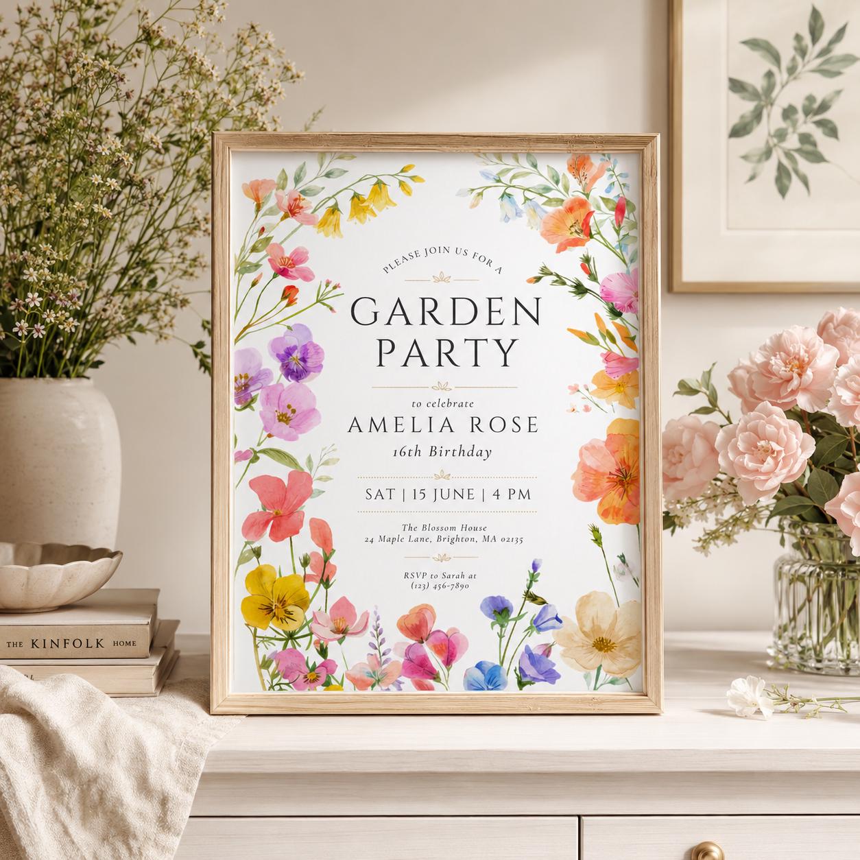 Editable Garden Birthday Invitation Canva Template, Floral Kids Teens Adult Cute Fun DIY Chic Teen Party Invite, Printable Digital Download.