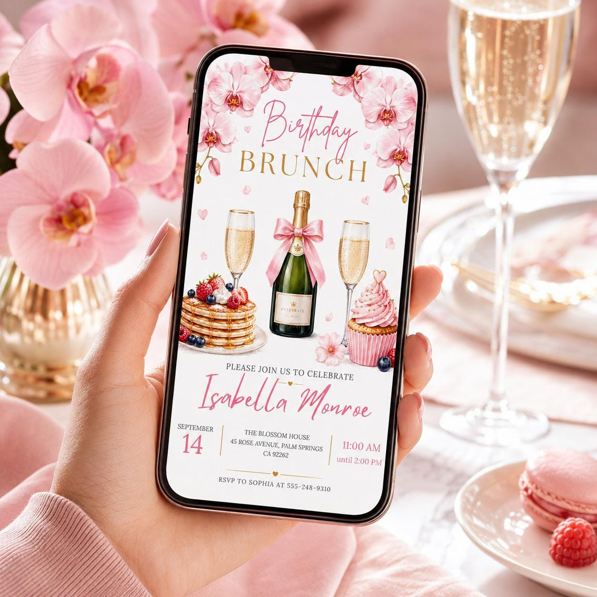 Editable Brunch Birthday Invitation Canva Template, Pink Floral Girls Adult Cute Fun DIY Chic Kids Party Invite, Printable Digital Download.