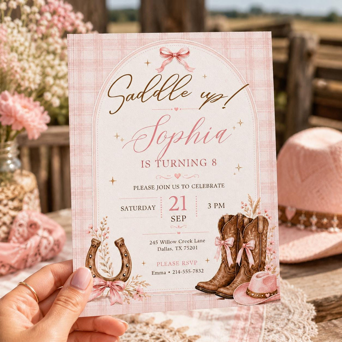 Editable Western Cowgirl Birthday Invitation Canva Template, Pink Girls Cute Modern Fun Themed DIY Party Invite, Printable Digital Download.