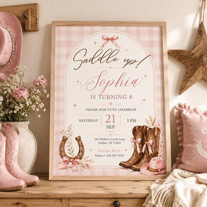 Editable Western Cowgirl Birthday Invitation Canva Template, Pink Girls Cute Modern Fun Themed DIY Party Invite, Printable Digital Download.