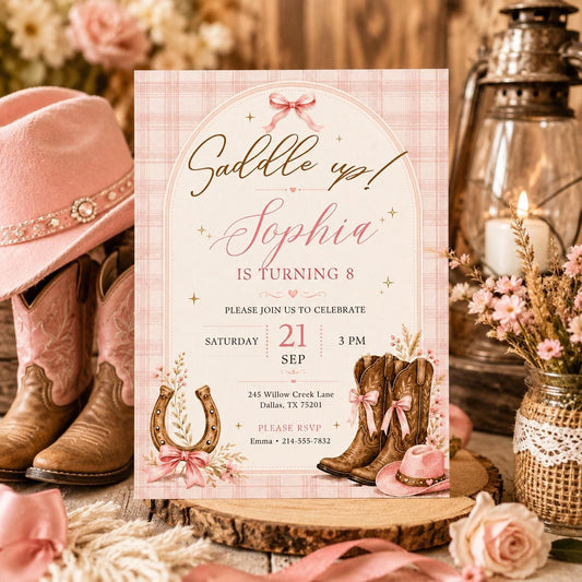 Editable Western Cowgirl Birthday Invitation Canva Template, Pink Girls Cute Modern Fun Themed DIY Party Invite, Printable Digital Download.