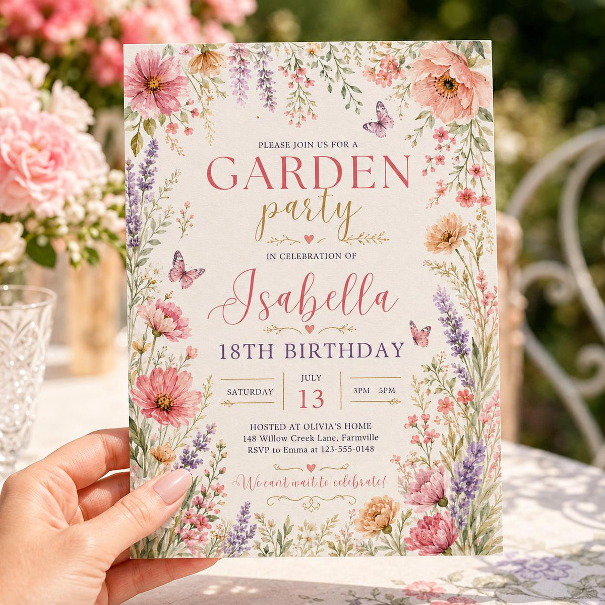 Editable Garden Birthday Invitation Canva Template, Floral Kids Teens Adult Cute Fun DIY Chic Teen Party Invite, Printable Digital Download.