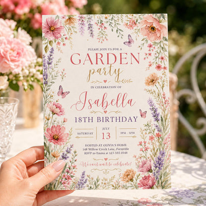 Editable Garden Birthday Invitation Canva Template, Floral Kids Teens Adult Cute Fun DIY Chic Teen Party Invite, Printable Digital Download.
