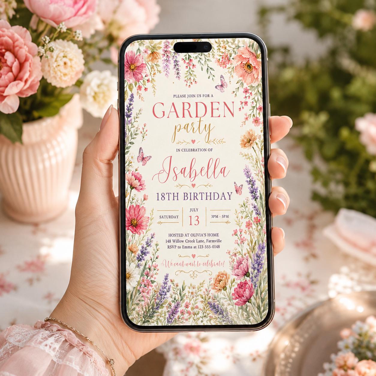 Editable Garden Birthday Invitation Canva Template, Floral Kids Teens Adult Cute Fun DIY Chic Teen Party Invite, Printable Digital Download.