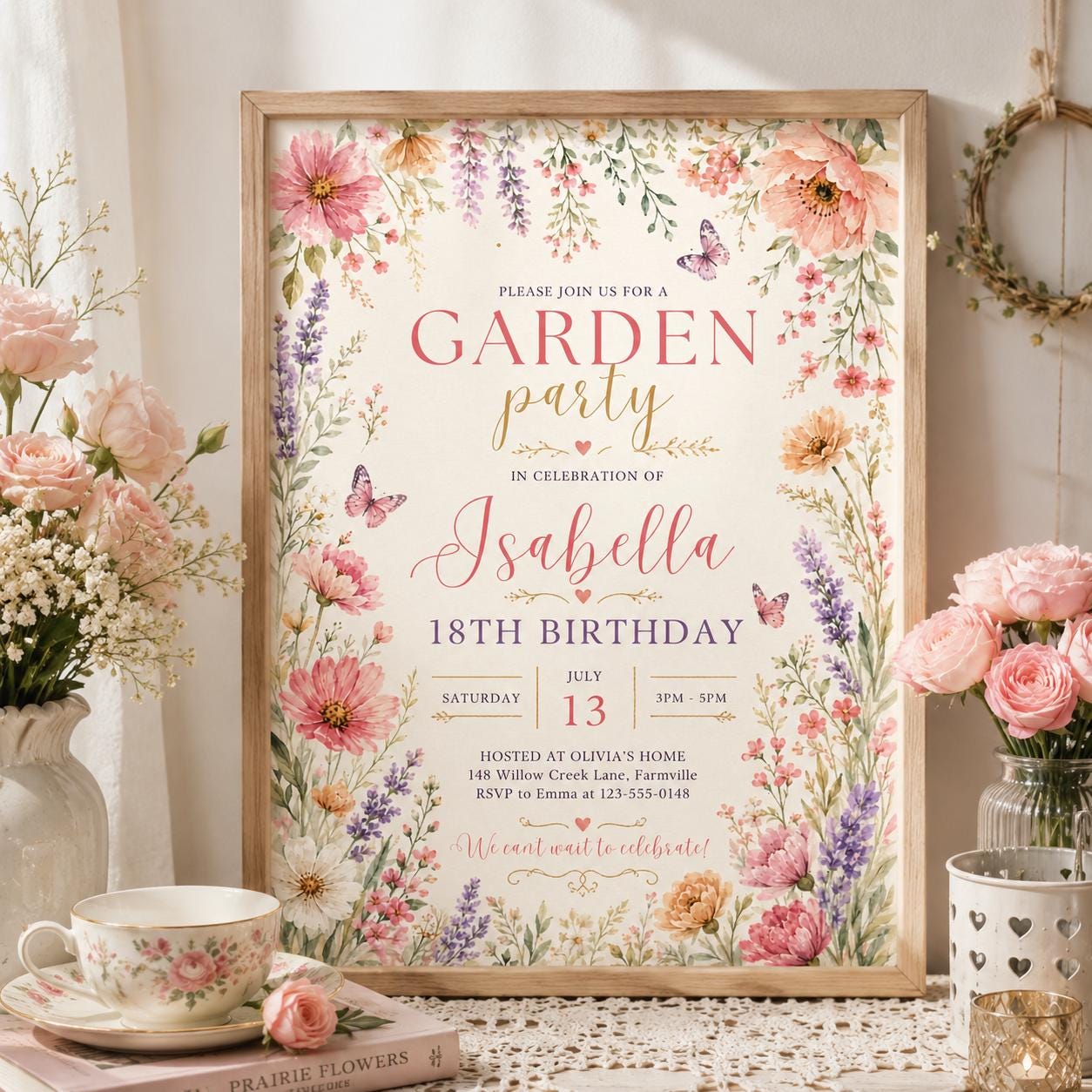 Editable Garden Birthday Invitation Canva Template, Floral Kids Teens Adult Cute Fun DIY Chic Teen Party Invite, Printable Digital Download.