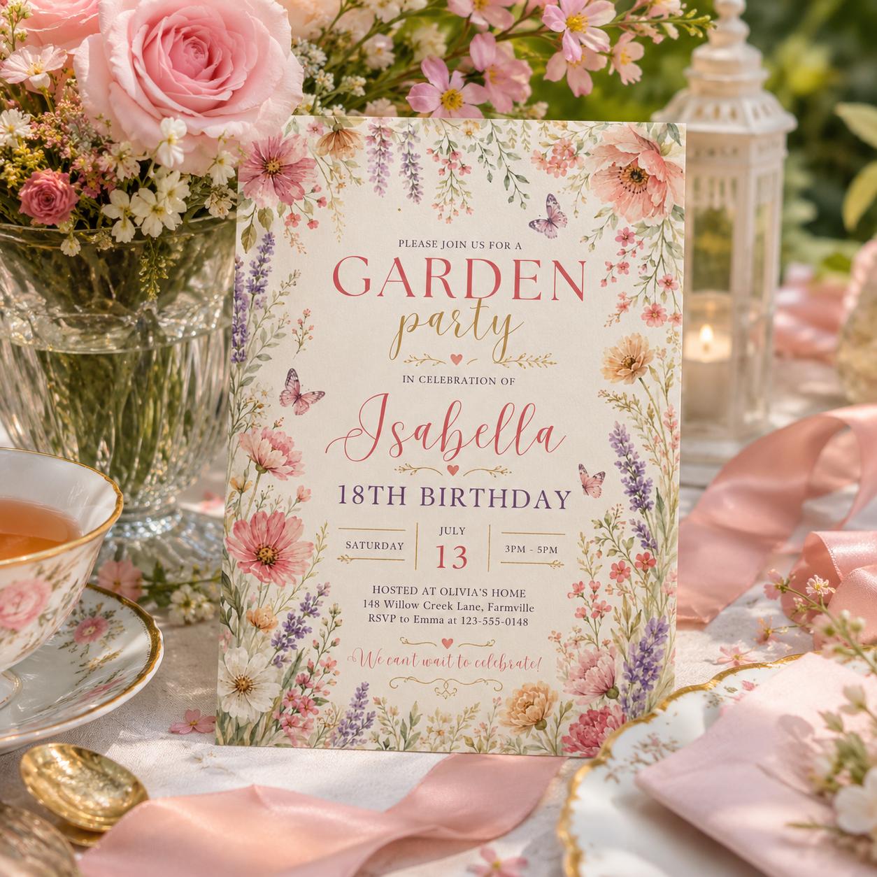 Editable Garden Birthday Invitation Canva Template, Floral Kids Teens Adult Cute Fun DIY Chic Teen Party Invite, Printable Digital Download.