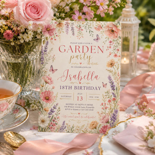 Editable Garden Birthday Invitation Canva Template, Floral Kids Teens Adult Cute Fun DIY Chic Teen Party Invite, Printable Digital Download.