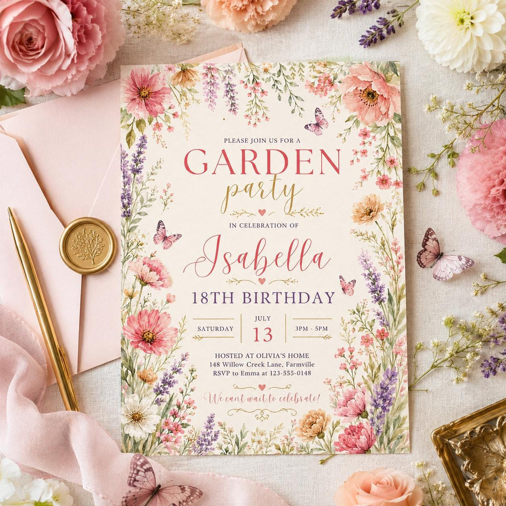 Editable Garden Birthday Invitation Canva Template, Floral Kids Teens Adult Cute Fun DIY Chic Teen Party Invite, Printable Digital Download.