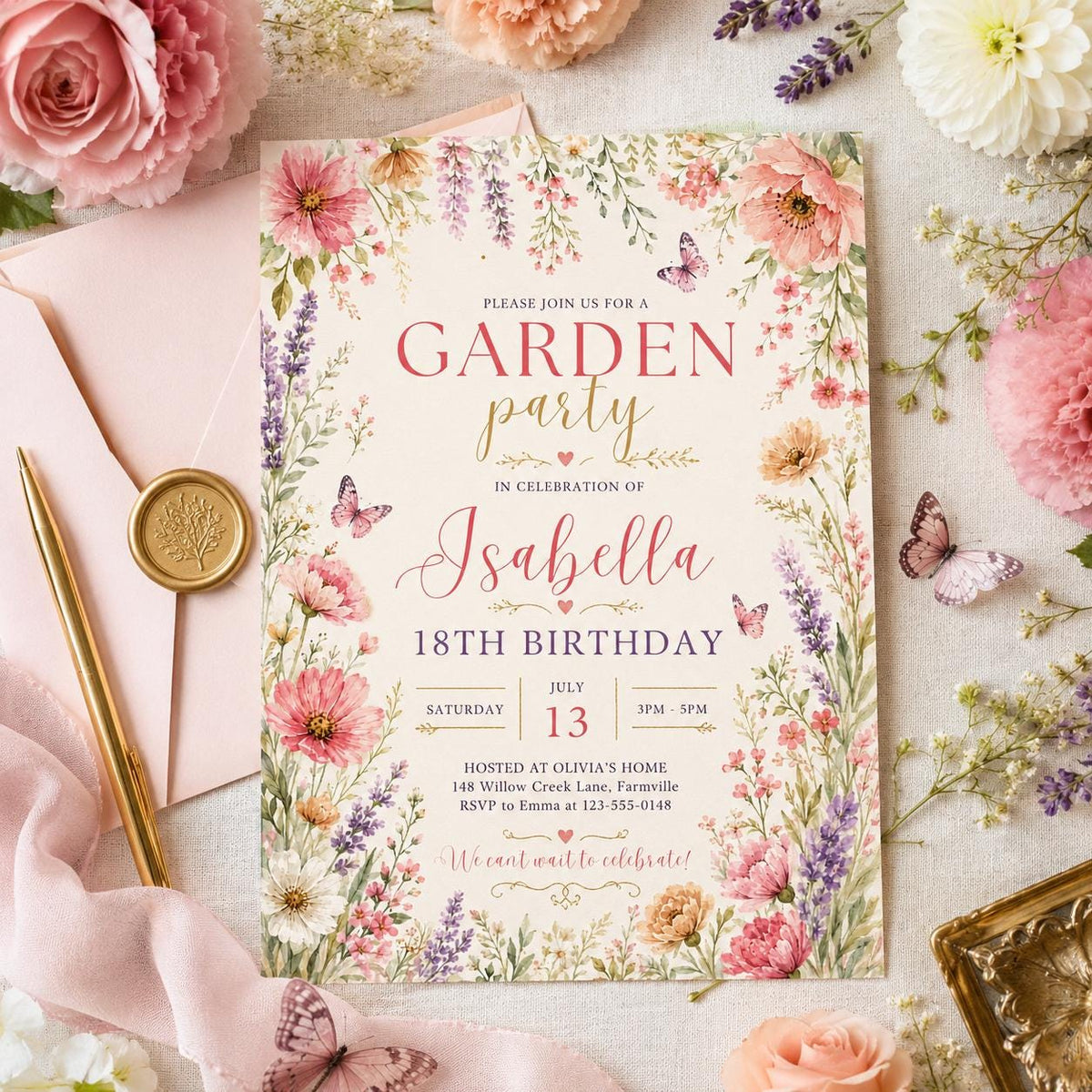 Editable Garden Birthday Invitation Canva Template, Floral Kids Teens Adult Cute Fun DIY Chic Teen Party Invite, Printable Digital Download.