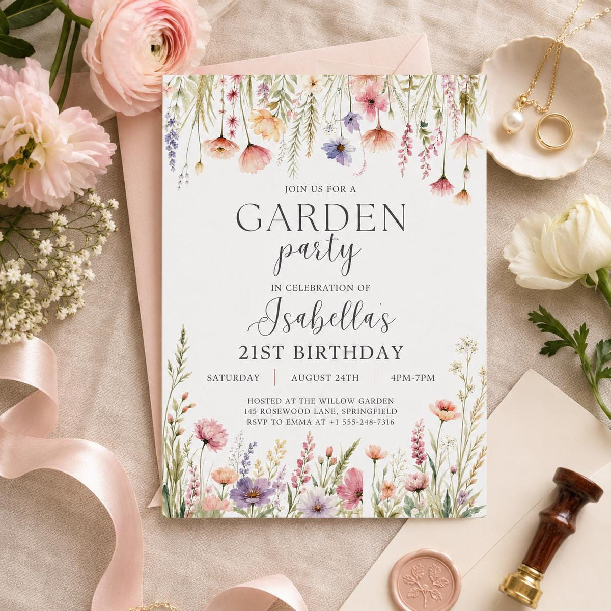 Editable Garden Birthday Invitation Canva Template, Floral Girls Cute Fun DIY Sweet Chic Kids Teen Party Invite, Printable Digital Download.