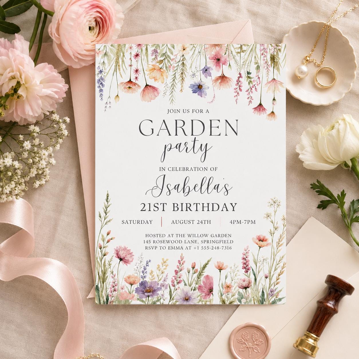 Editable Garden Birthday Invitation Canva Template, Floral Girls Cute Fun DIY Sweet Chic Kids Teen Party Invite, Printable Digital Download.