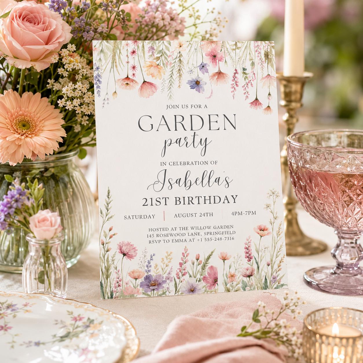 Editable Garden Birthday Invitation Canva Template, Floral Girls Cute Fun DIY Sweet Chic Kids Teen Party Invite, Printable Digital Download.