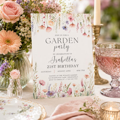 Editable Garden Birthday Invitation Canva Template, Floral Girls Cute Fun DIY Sweet Chic Kids Teen Party Invite, Printable Digital Download.
