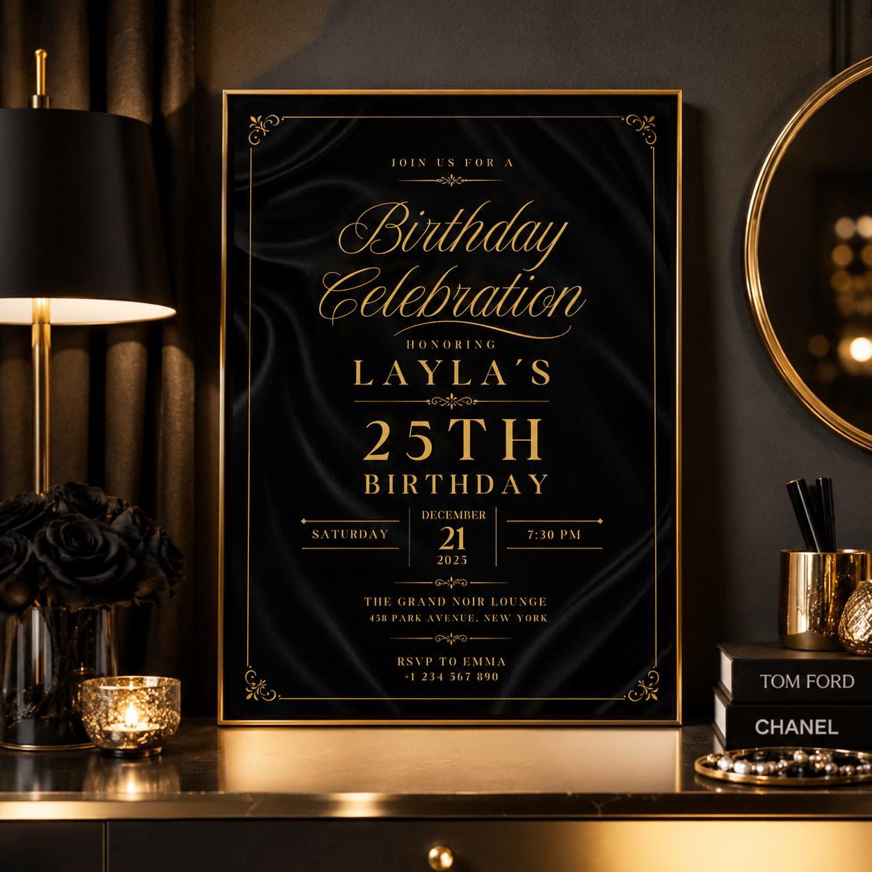 Editable Black Gold Birthday Invitation Canva Template, Modern Luxury Boys Cute Fun DIY Sweet Chic Party Invite, Printable Digital Download.