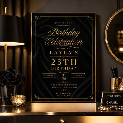 Editable Black Gold Birthday Invitation Canva Template, Modern Luxury Boys Cute Fun DIY Sweet Chic Party Invite, Printable Digital Download.
