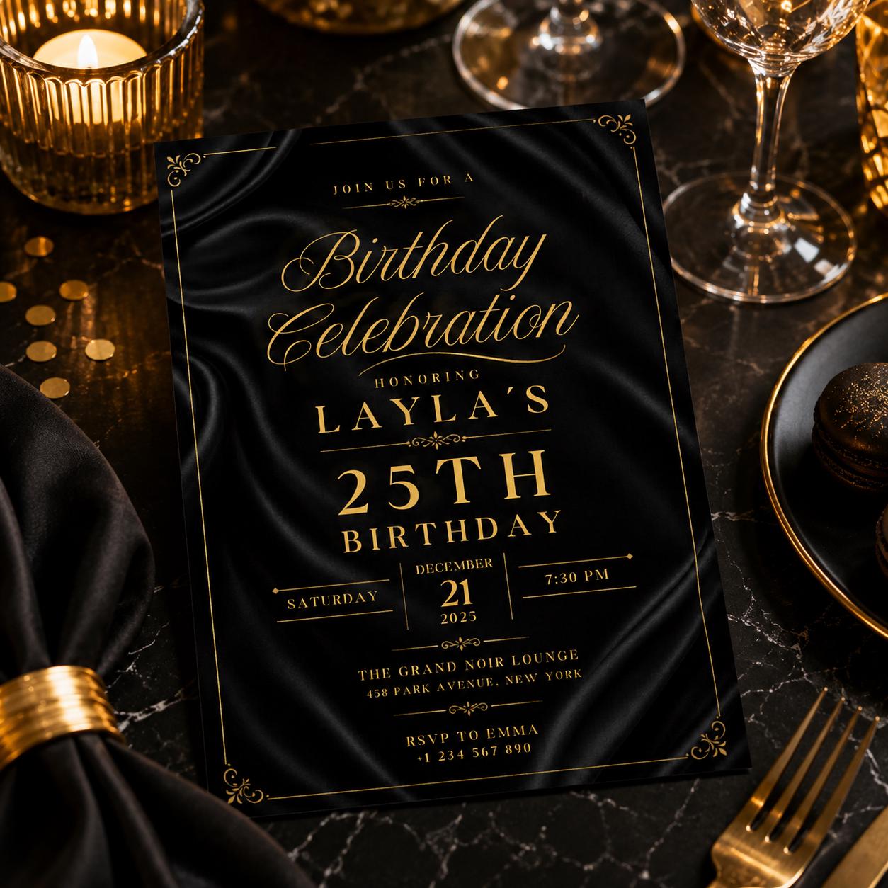 Editable Black Gold Birthday Invitation Canva Template, Modern Luxury Boys Cute Fun DIY Sweet Chic Party Invite, Printable Digital Download.