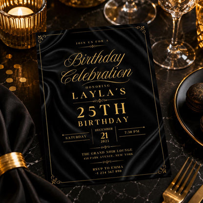 Editable Black Gold Birthday Invitation Canva Template, Modern Luxury Boys Cute Fun DIY Sweet Chic Party Invite, Printable Digital Download.