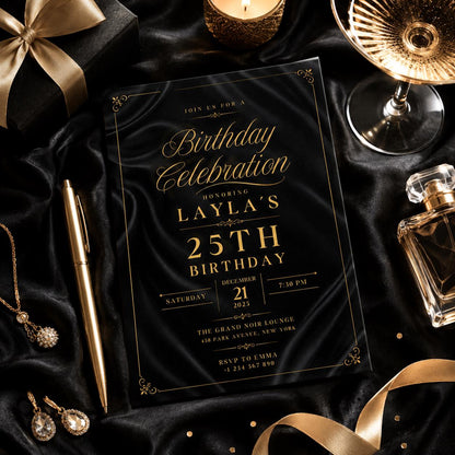 Editable Black Gold Birthday Invitation Canva Template, Modern Luxury Boys Cute Fun DIY Sweet Chic Party Invite, Printable Digital Download.