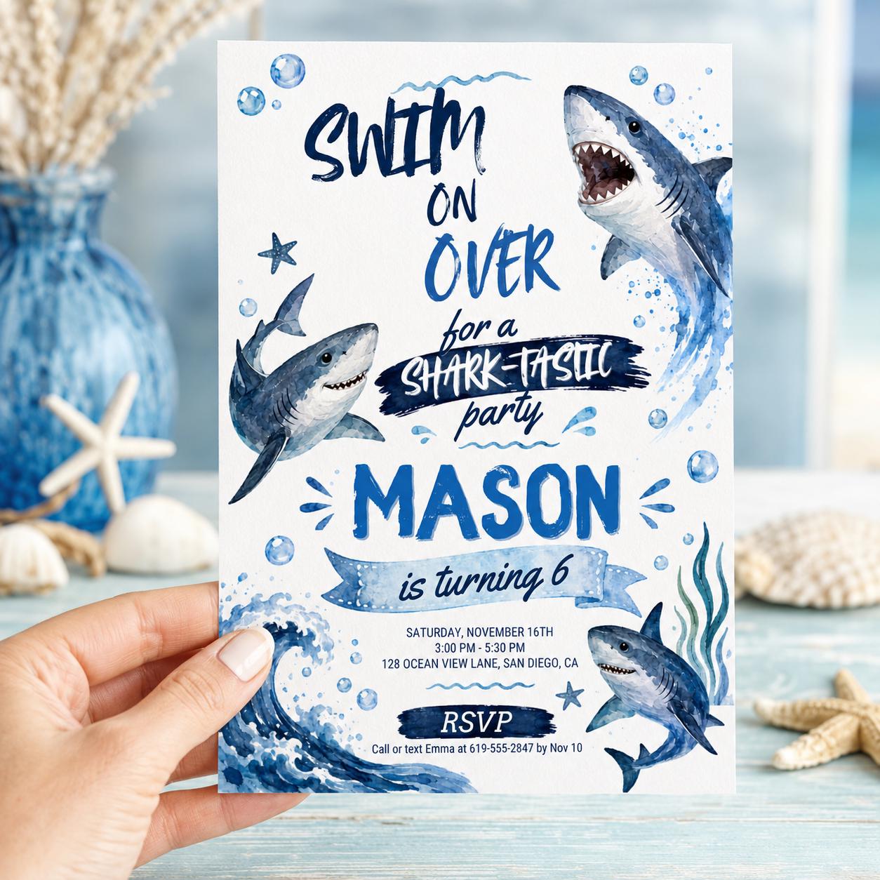 Editable Shark Birthday Invitation Canva Template, Boys Cute Modern Fun Themed DIY Sweet Chic Kids Party Invite, Printable Digital Download.