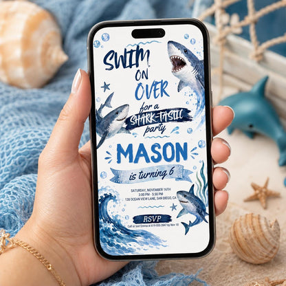 Editable Shark Birthday Invitation Canva Template, Boys Cute Modern Fun Themed DIY Sweet Chic Kids Party Invite, Printable Digital Download.