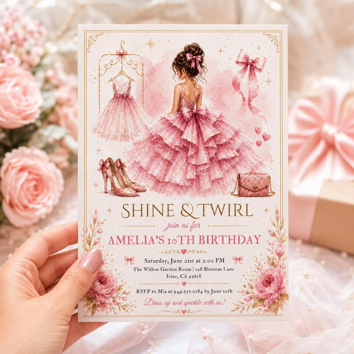 Editable Elegant Birthday Invitation Canva Template, Pink Gold Red Blush Luxury Adult Cute Fun DIY Party Invite, Printable Digital Download.