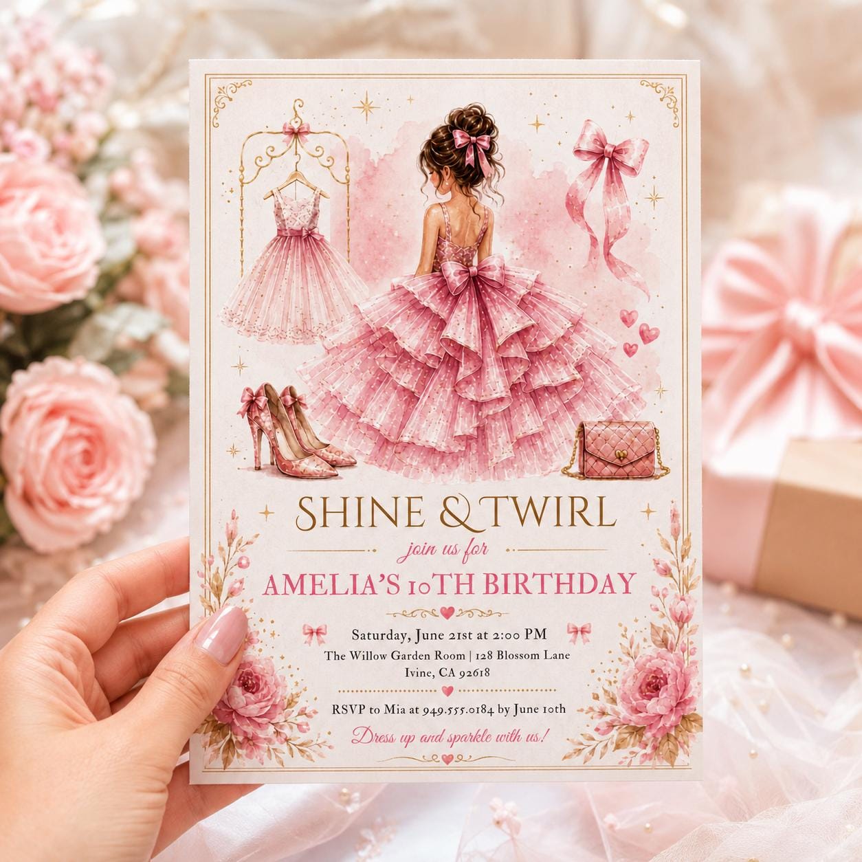 Editable Elegant Birthday Invitation Canva Template, Pink Gold Red Blush Luxury Adult Cute Fun DIY Party Invite, Printable Digital Download.