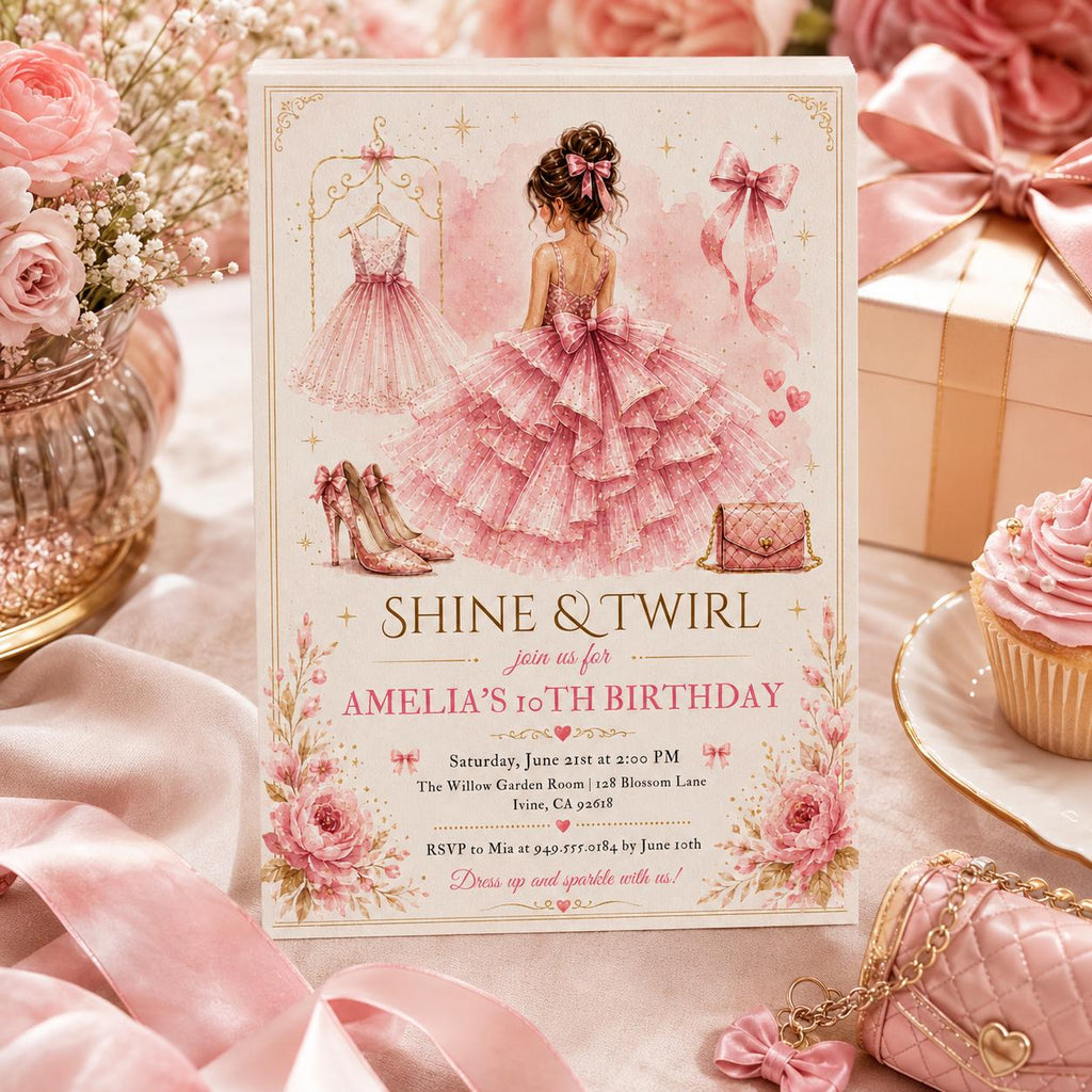 Editable Elegant Birthday Invitation Canva Template, Pink Gold Red Blush Luxury Adult Cute Fun DIY Party Invite, Printable Digital Download.
