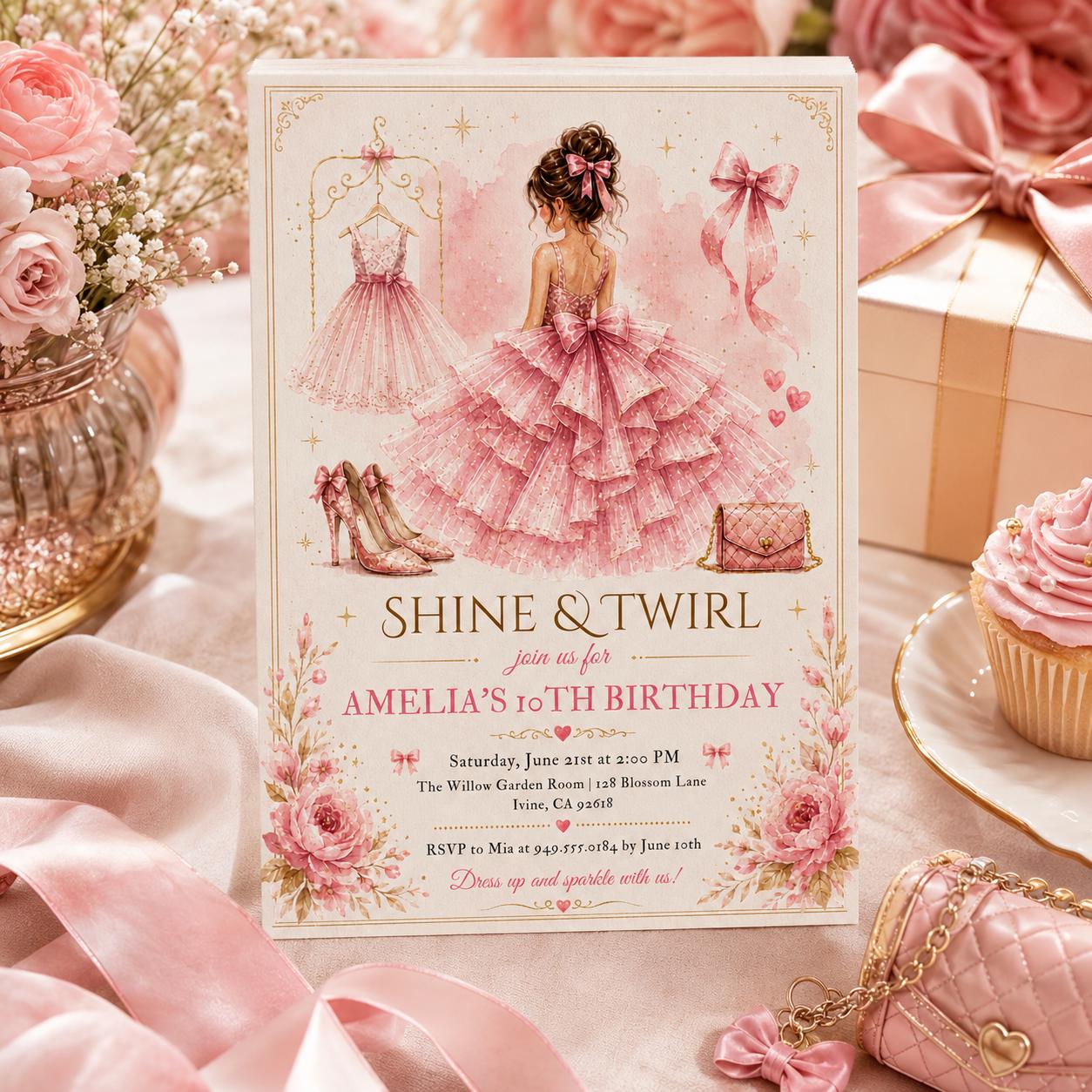 Editable Elegant Birthday Invitation Canva Template, Pink Gold Red Blush Luxury Adult Cute Fun DIY Party Invite, Printable Digital Download.