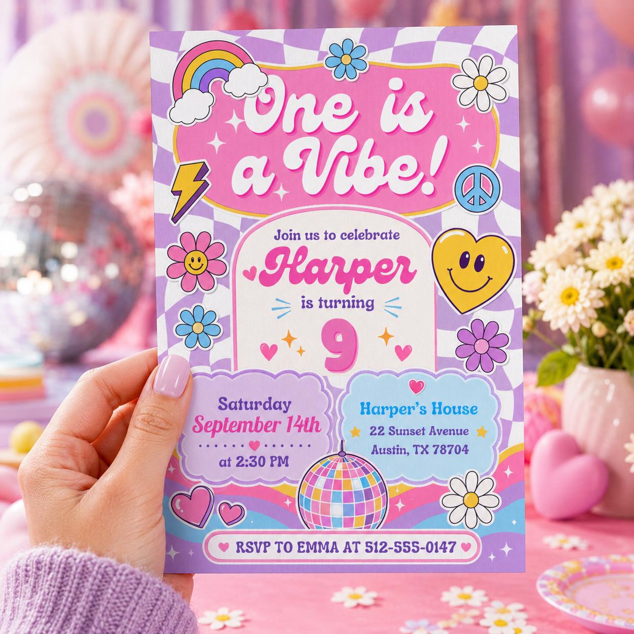 Editable Groovy Retro Birthday Invitation Canva Template, Girls Kids Teens Retro Cute Fun DIY Chic Party Invite, Printable Digital Download.