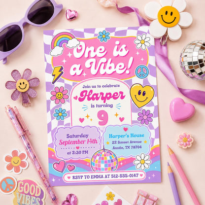 Editable Groovy Retro Birthday Invitation Canva Template, Girls Kids Teens Retro Cute Fun DIY Chic Party Invite, Printable Digital Download.