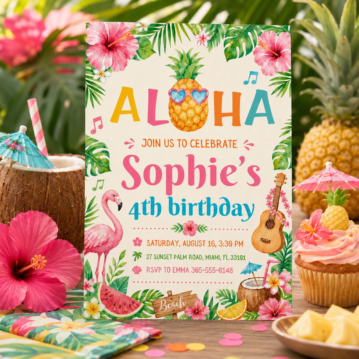 Editable Tropical Birthday Invitation Canva Template, Summer Cute Modern Fun Themed DIY Sweet Chic Party Invite, Printable Digital Download.