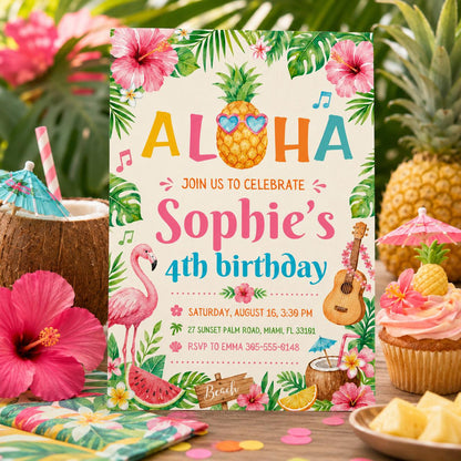 Editable Tropical Birthday Invitation Canva Template, Summer Cute Modern Fun Themed DIY Sweet Chic Party Invite, Printable Digital Download.