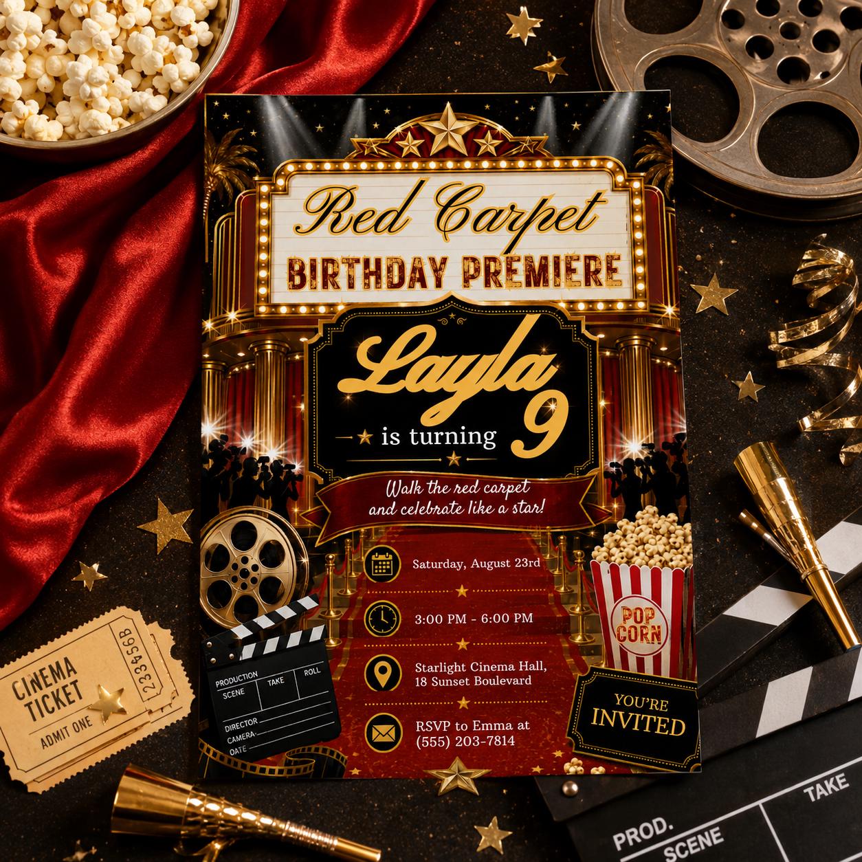 Editable Red Carpet Birthday Invitation Canva Template, Cute Modern Fun Themed DIY Sweet Chic Kids Party Invite, Printable Digital Download.
