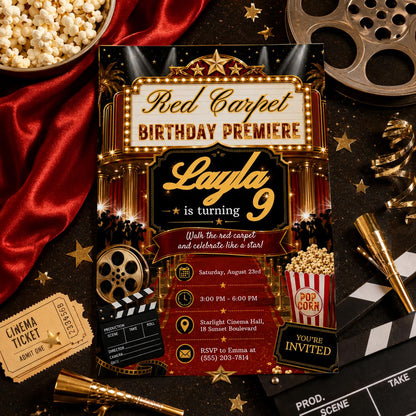 Editable Red Carpet Birthday Invitation Canva Template, Cute Modern Fun Themed DIY Sweet Chic Kids Party Invite, Printable Digital Download.
