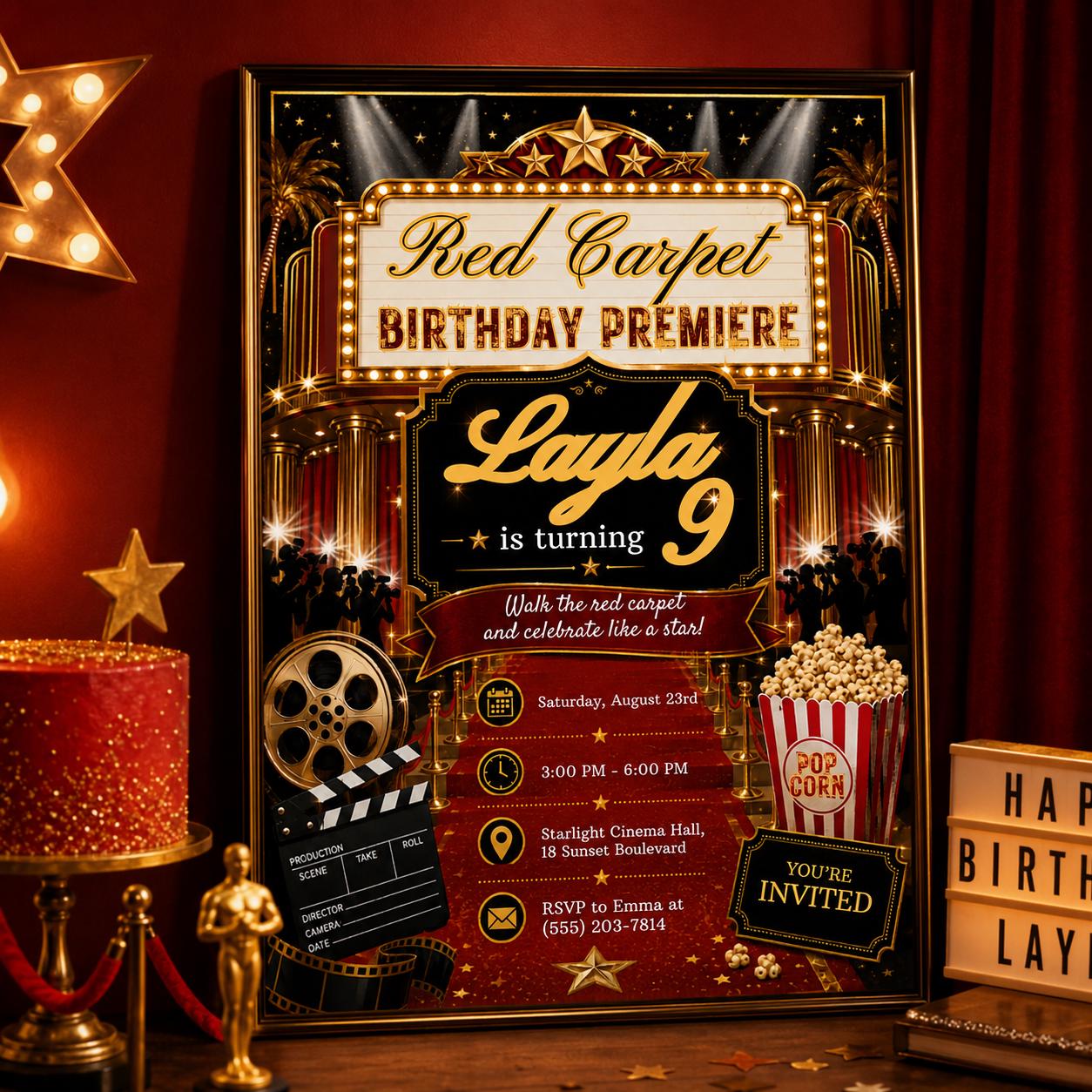 Editable Red Carpet Birthday Invitation Canva Template, Cute Modern Fun Themed DIY Sweet Chic Kids Party Invite, Printable Digital Download.